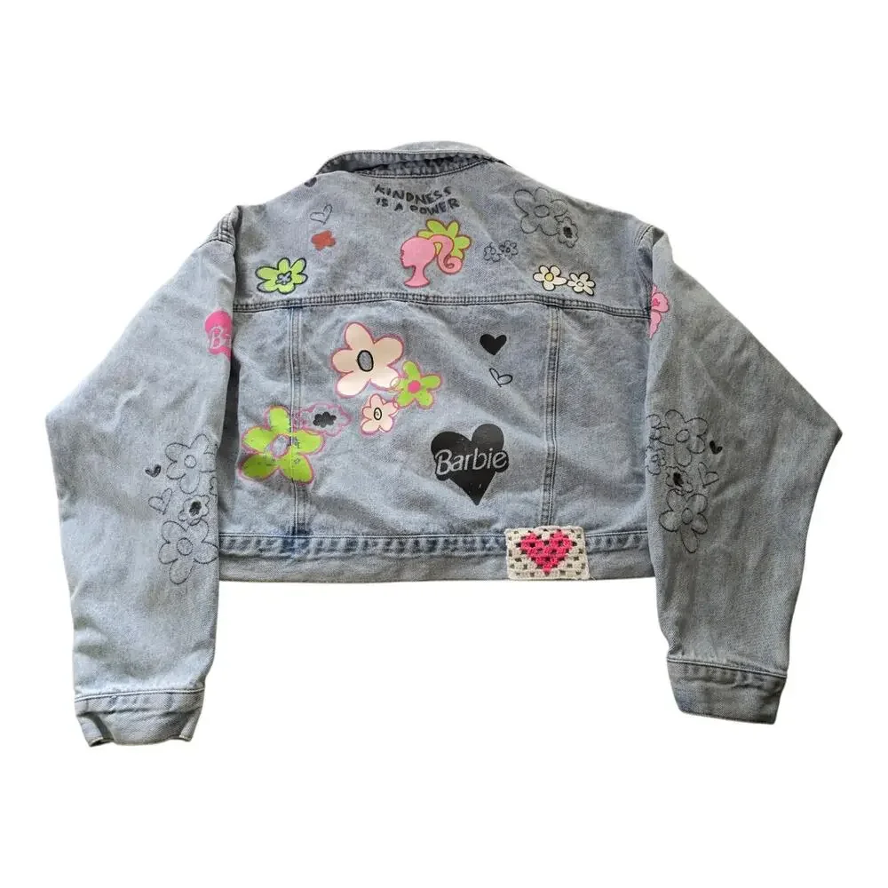 Forever 21 Barbie Kindness is a Power Cropped Denim Jean Jacket Women SZ L
